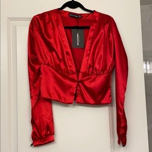 Red satin plunge button detail shirt
